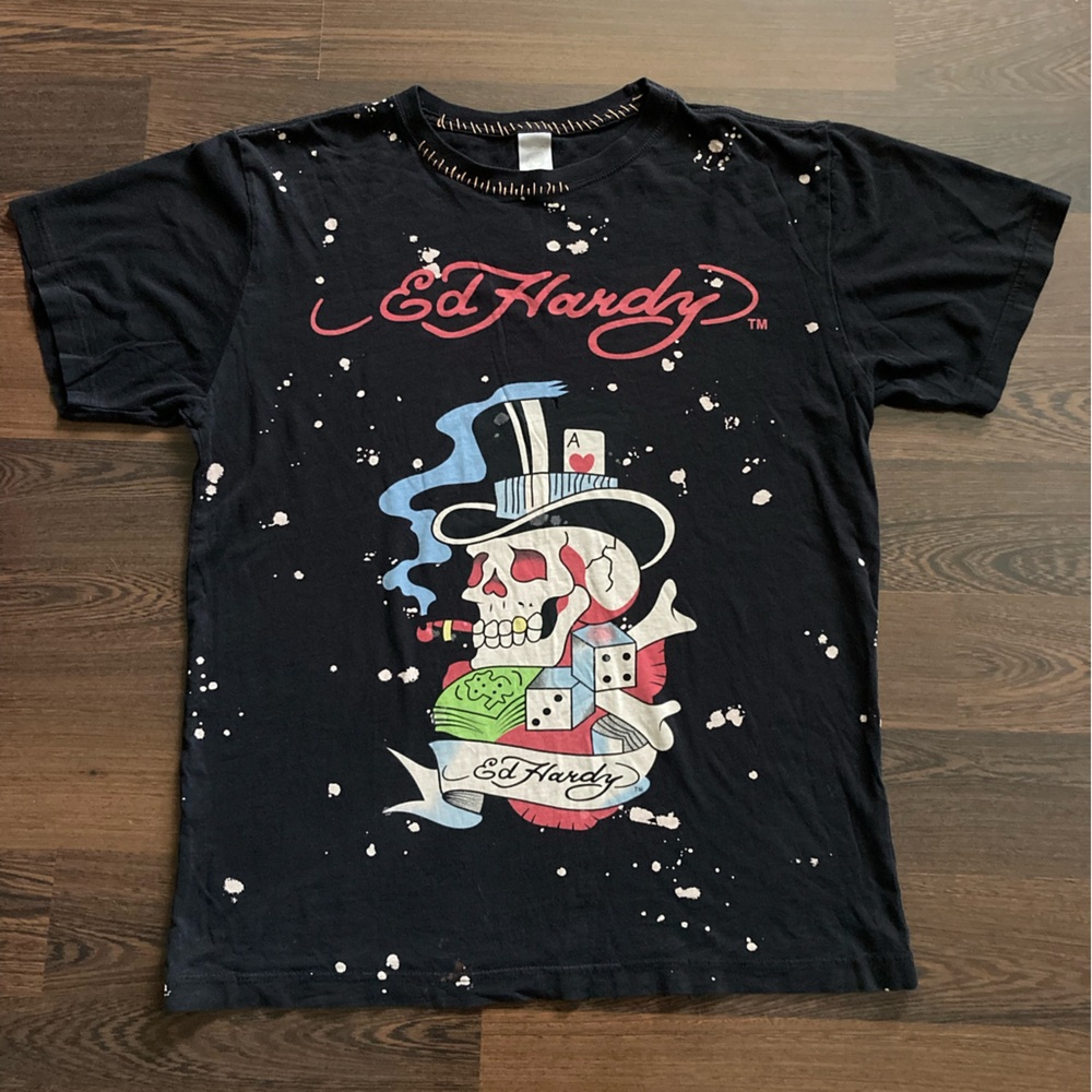 Ed Hardy by Christian Audigier Y2K Distressed Grunge Tee - skull, money, dice